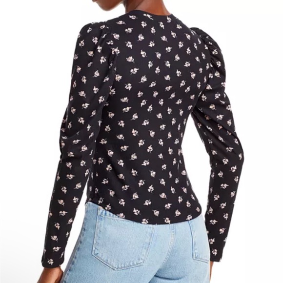 Aqua Black Floral Balloon Sleeve Ribbed Top Sz Medium - Picture 2 of 3